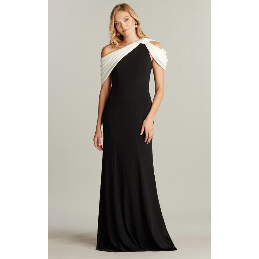Tadashi Shoji Prewitt Pleated Drape Black White Formal Evening Gown Size S